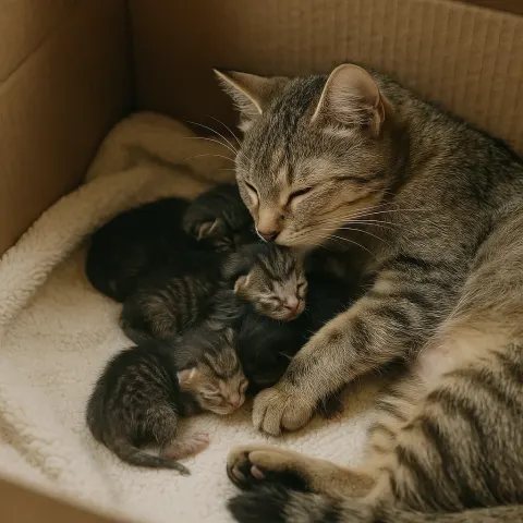 Mother Cat in a Box Tenderly Caring for Her Newborn