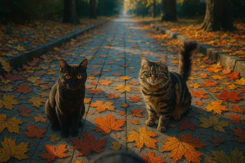 Autumnal Sidewalks Covered in Colorful Fallen Leaves Stretch Forward