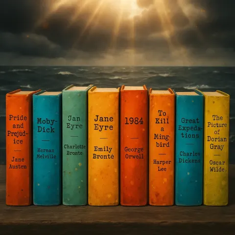 Nine Vibrant Book Jackets with Classic Typewriter Fonts