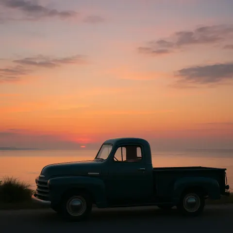 Old-fashioned Pickup Truck Is Stationed Close to the Water's Edge