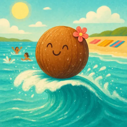 Lively Beach Scene Features a Coconut