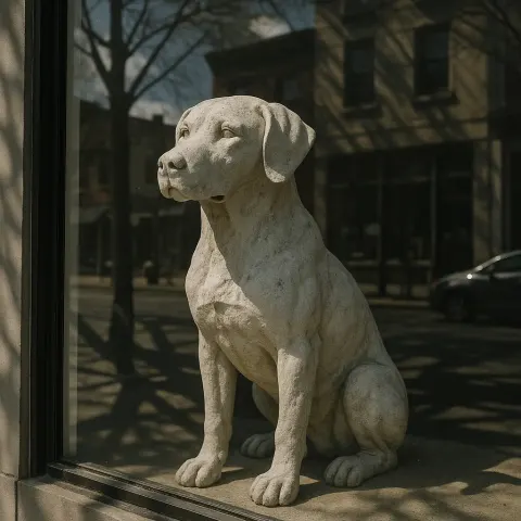 White Stone Dog Statue Sits Behind a Glass Window