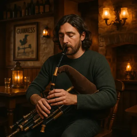 Irish Artist Performing on Uilleann Pipes Inside