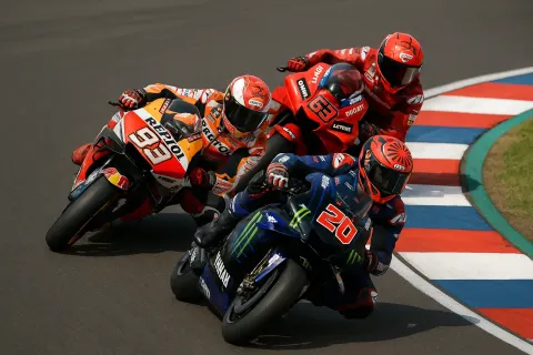 Three Motorcyclists Are Racing Closely on a Curved Track