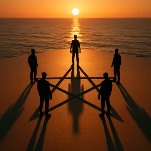Five Tiny Figures Converge into a Stark Geometric Shape