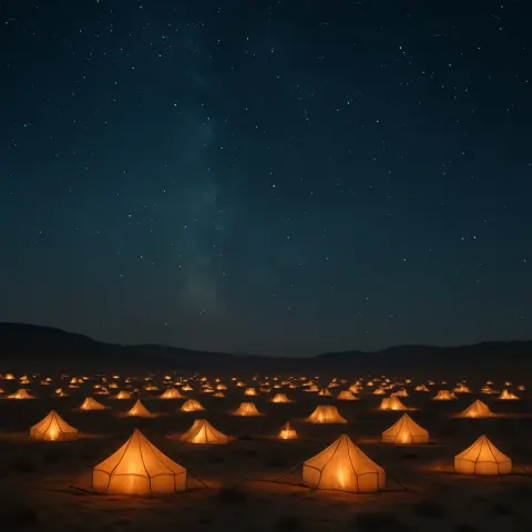 Sprawling Encampment of Countless Illuminated Tents Glows Softly