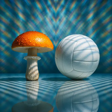 Two Distinct Subjects—a Vibrant Orange-capped Mushroom Glistening with Guttate Droplets