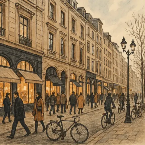 Bustling Street Lined with Elegant Storefronts