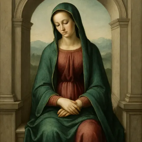 Virgin Mary Is Depicted Seated Calmly Within a Sculpted Marble