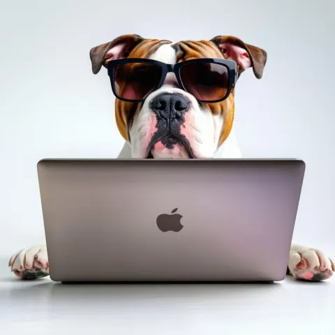 Bulldog in Sunglasses at a Futuristic Laptop