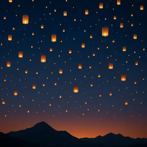 Innumerable Shimmering Lanterns Float Gently Upwards from a Distant Festival