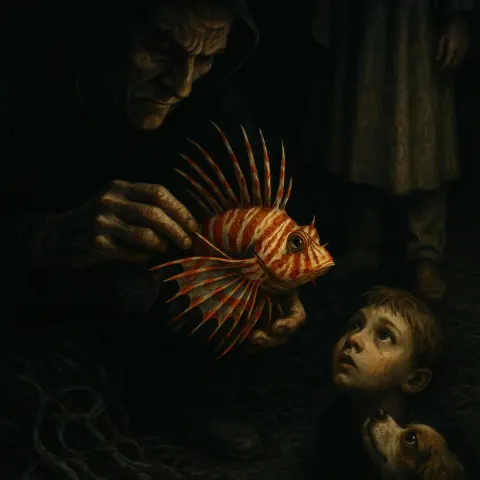 Villain's Dimly Side-lit Hands Meticulously Craft a Vibrant Lionfish