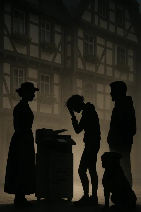 Strong Backlighting Renders Three Figures and a Dog as Stark