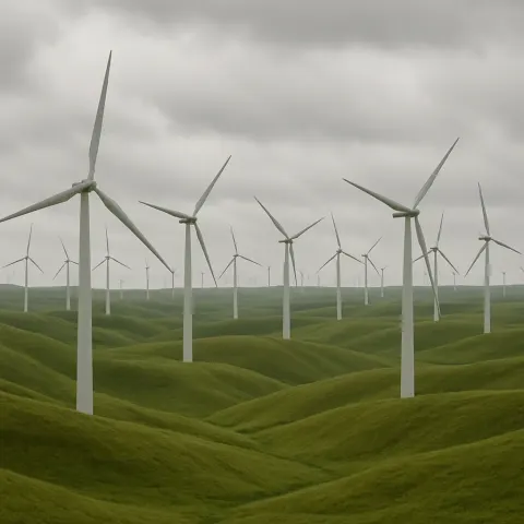 Great Many Wind Turbines Slowly Rotate in Unison