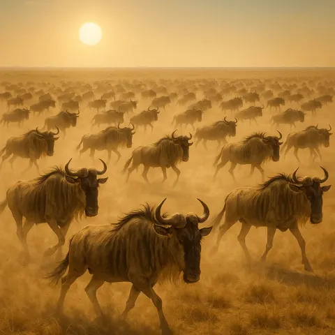 Massive Herd of Wildebeest Kicks Up a Cloud of Dust