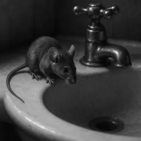 Black-and-white Illustration of a Mouse Tentatively Navigating the Edge