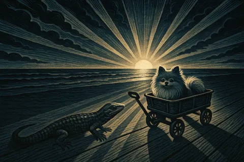 Alligator Lizard and Pomeranian with their Beach Wagon