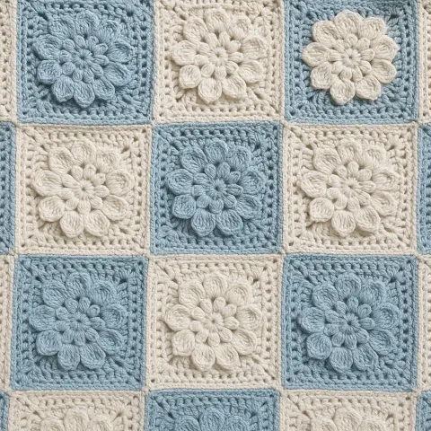 Textured Crochet Blanket Featuring Intricate Square Patterns