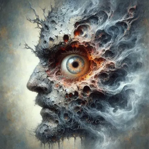 Cracked Stone Head with Swirling Mist