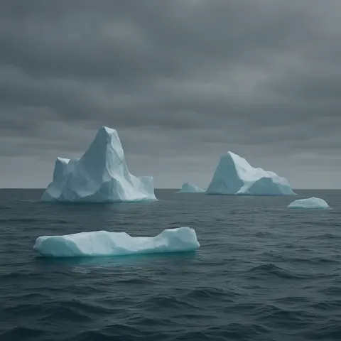 Few Isolated Icebergs Drift Silently Through a Vast