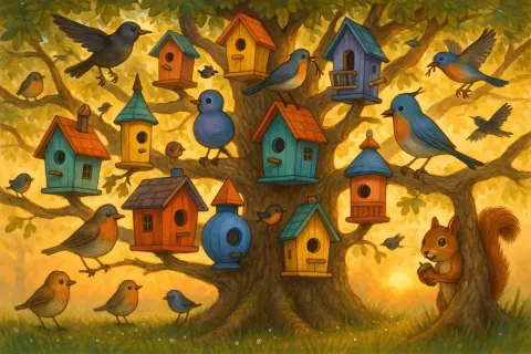 Whimsical Scene of a Lively Birdhouse Village