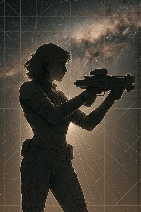 Lone Female Figure in Intricately Textured Far-future Science-fiction Attire Actively