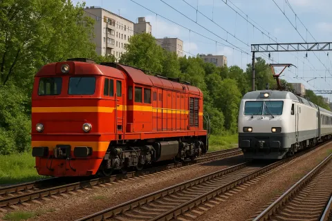 Red and Orange Diesel Locomotive Stands on One Track