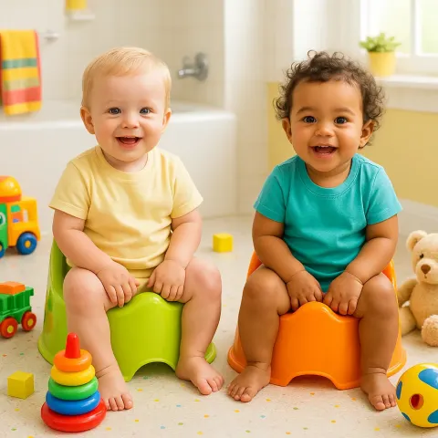 Two Toddlers Sit on Vibrant Training Toilets