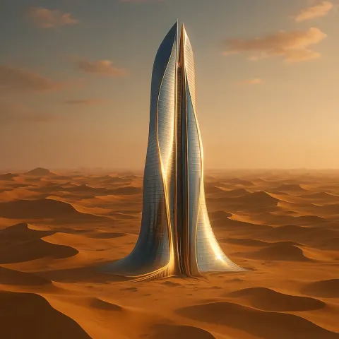 Towering Skyscraper Rises from the Vast Desert Landscape