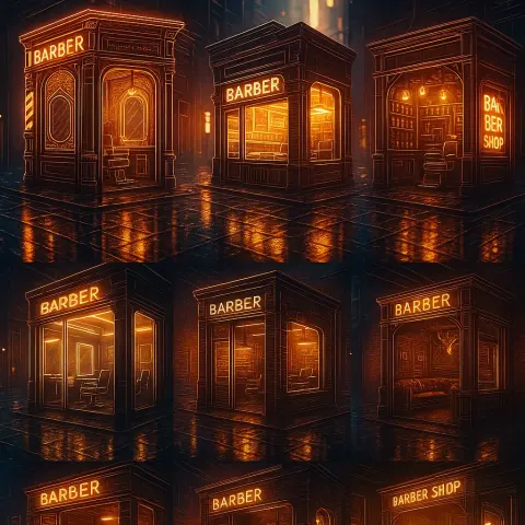 Around Seven Distinct Barbershops Materialize Like Detailed Miniatures Upon Futuristic