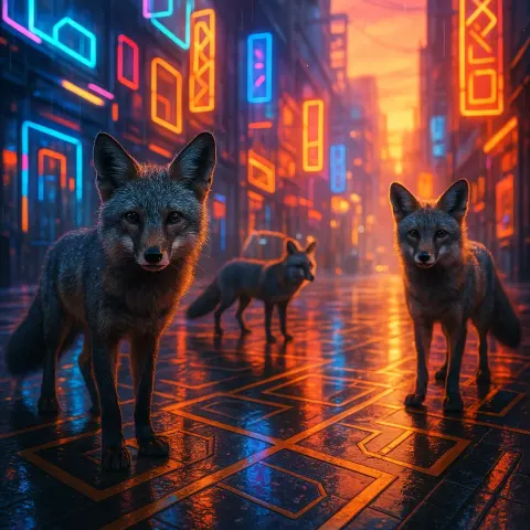 Three Distinct Grey Foxes on Rain-slicked Cyberpunk Streets
