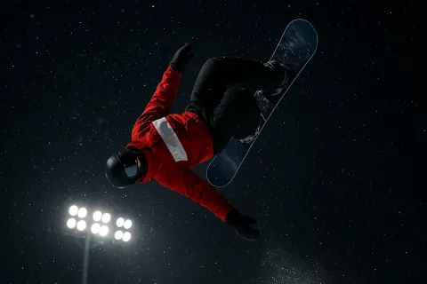 Snowboarder Performing a Mid-air Backflip During a Nighttime Snowboarding Event