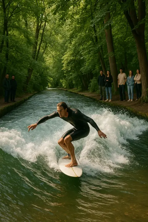 Surfer Rides a Wave on a Narrow River Surrounded
