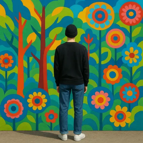 Person Stands in Front of a Colorful Mural Featuring Vibrant