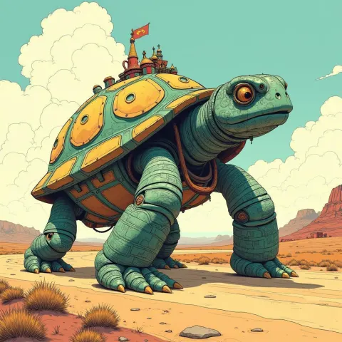 Mechanized Turtle Roaming a Desert Road