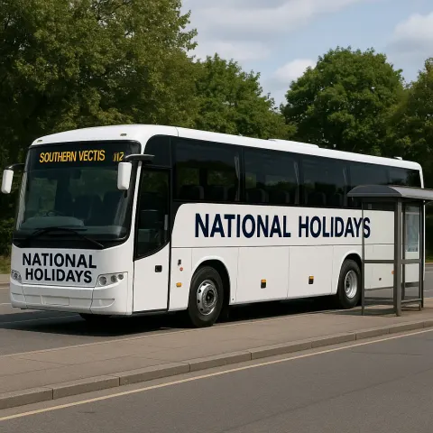 White "National Holidays" Bus with the Destination "Southern Vectis 022"