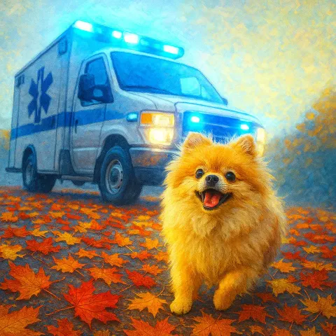 Fluffy Pomeranian with a Vivacious Expression Shares an Autumnal Leaves