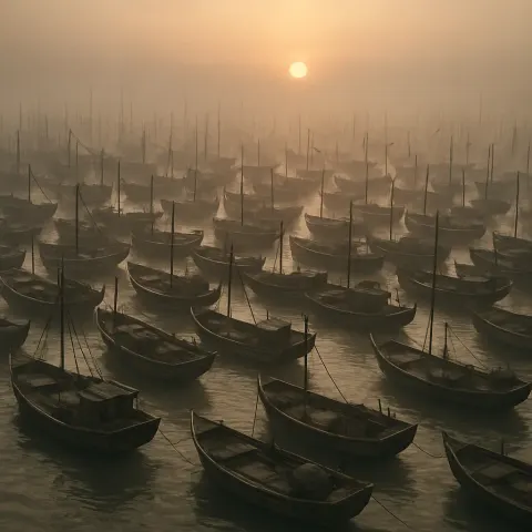 Immense Flotilla of Hundreds of Traditional Wooden Fishing Boats Clusters