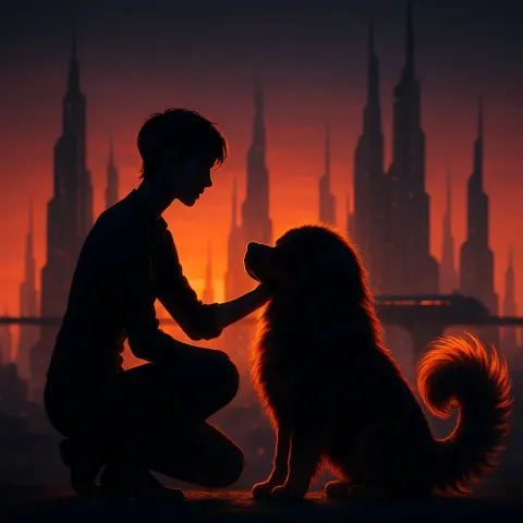 Androgynous Figure Gently Pets a Majestic Tibetan Mastiff
