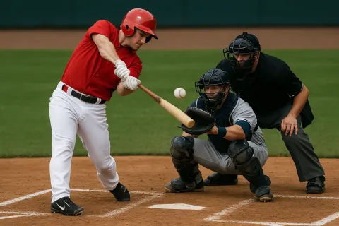 Baseball Player in a Red Uniform Swings at a Pitch