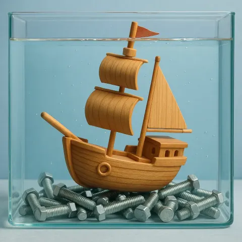 Clear Water Aquarium Holding a Wooden Toy Ship