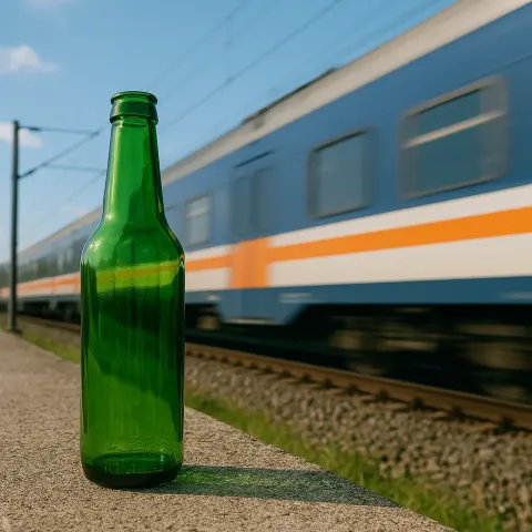 Transparent Green Bottle Placed Next to a Passing Train