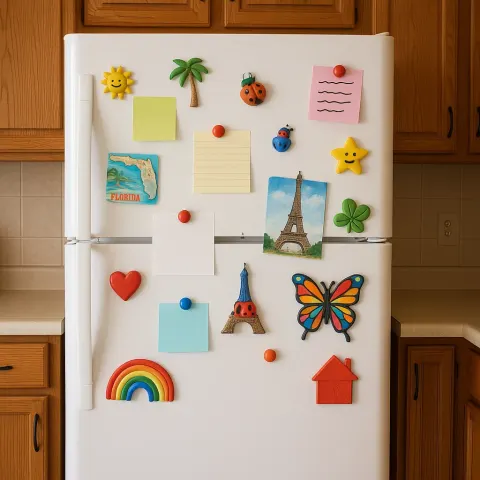 White Refrigerator Covered with Colorful Magnets