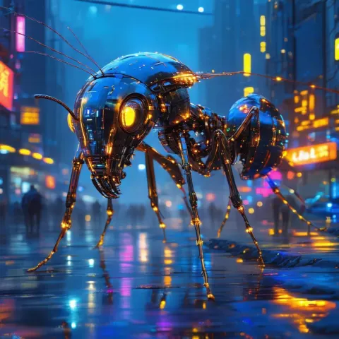 Biomechanical Neon Ant in a Future City