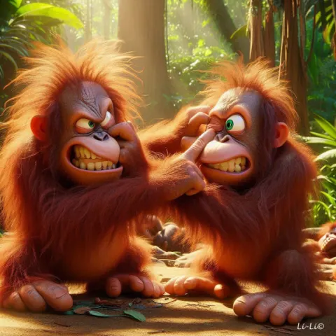 Humorous Orangutans Fight in Jungle