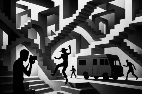 Four Distant Figures—one a Slender Silhouette Carefully Aiming a Vintage