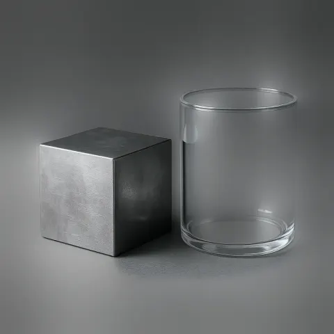 Cube-shaped Metal Block Placed Next to a See-through Cylinder-shaped Container