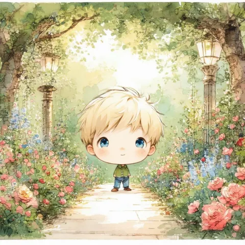Blonde Boy in an Intricate Manga Garden