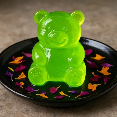 On a Sleek Black Ceramic Plate Rests a Cheerful Dessert—a