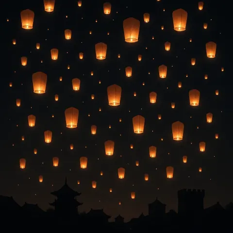 Multitude of Glowing Lanterns Drifts Slowly Upwards